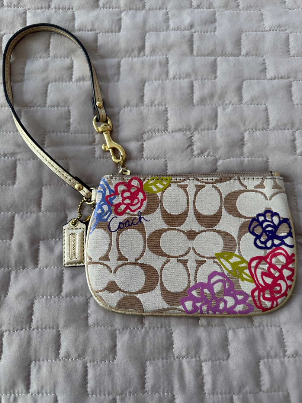Coach Poppy Beige Signature Wristlet with Multicolor Floral  Accents